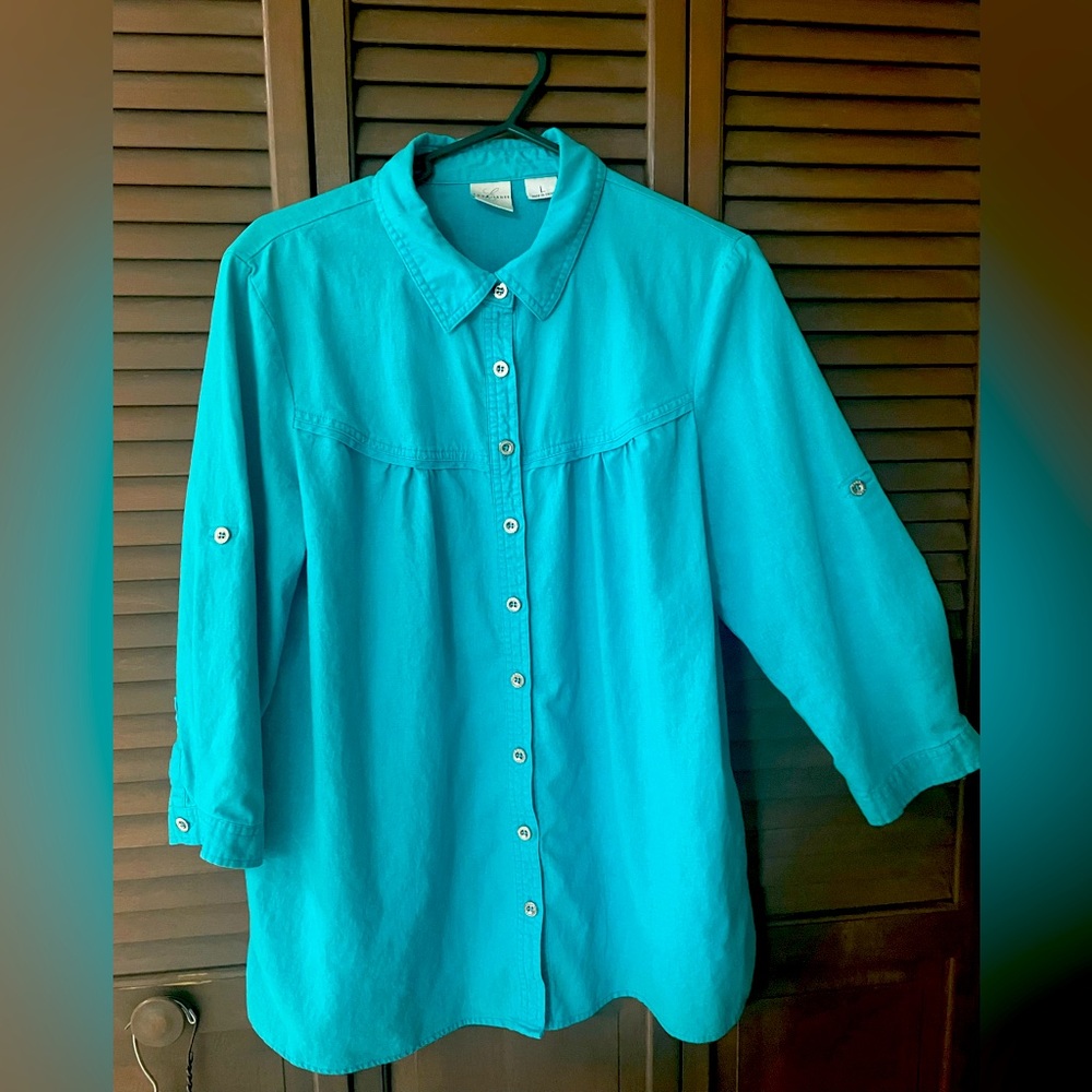 Large Emma James aqua button up front tunic